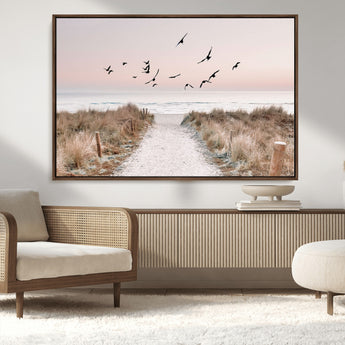 34632598-MGV-CV-36X24-Coastal Pathway Canvas Wall Art – Framed Seaside Landscape, Large Beach and Birds Canvas Print for Home, Office, or Living Room