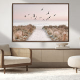 34632598-MGV-CV-36X24-Beach Pathway Wall Art – Coastal Canvas Print with Sandy Trail, Flying Birds and Pastel Sky, Serene Ocean Landscape Photography