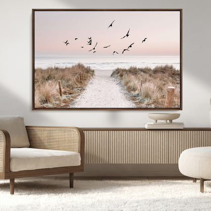 34632598-MGV-CV-36X24-Beach Pathway Wall Art – Coastal Canvas Print with Sandy Trail, Flying Birds and Pastel Sky, Serene Ocean Landscape Photography
