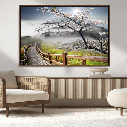 34632598CRY-MGV-CV-36X24-Cherry Blossom Wall Art – Scenic Asian Landscape Canvas Print with Wooden Walkway, Misty Mountains and Sunrise, Serene Nature