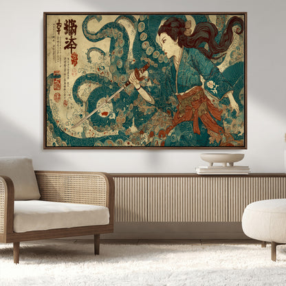 46837670-MGV-CV-36X24-Tsukioka Yoshitoshi Samurai Wall Art Print, Japanese Katana Warrior Canvas Wall Art, Octopus Sea Monster Canvas Print,