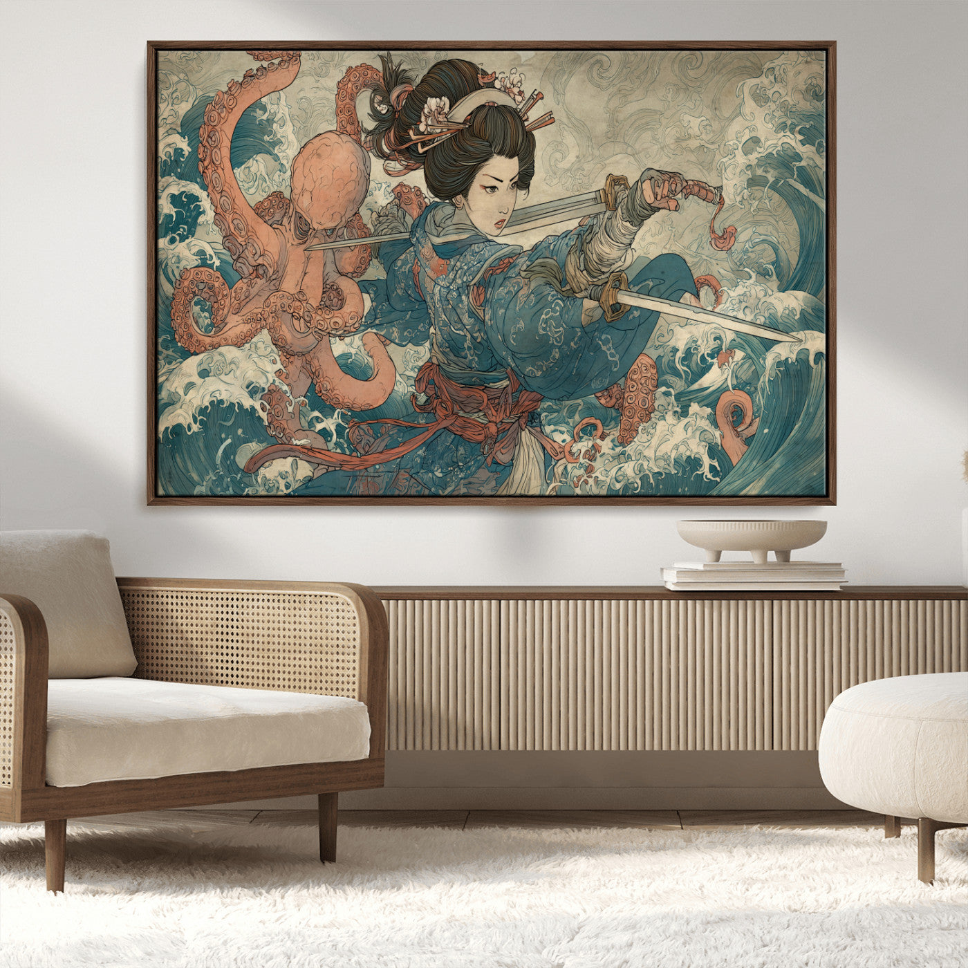 52037775-MGV-CV-36X24-Tsukioka Yoshitoshi Samurai Wall Art Print, Japanese Katana Warrior Canvas Wall Art, Octopus Sea Monster Canvas Print,
