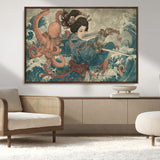 52037775-MGV-CV-36X24-Tsukioka Yoshitoshi Samurai Wall Art Print, Japanese Katana Warrior Canvas Wall Art, Octopus Sea Monster Canvas Print,
