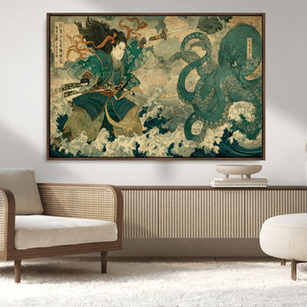 24416422-MGV-CV-36X24-Samurai vs Octopus Wall Art – Japanese Warrior Ocean Battle Canvas Print, Ukiyo e Inspired Decor for Home, Office, or Man Cave
