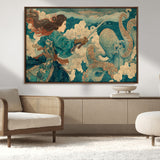 37943964-MGV-CV-36X24-Samurai Warrior vs Octopus Wall Art – Japanese Ukiyo-e Style Canvas Print, Ocean Battle Scene Artwork for Living Room, Office, Man