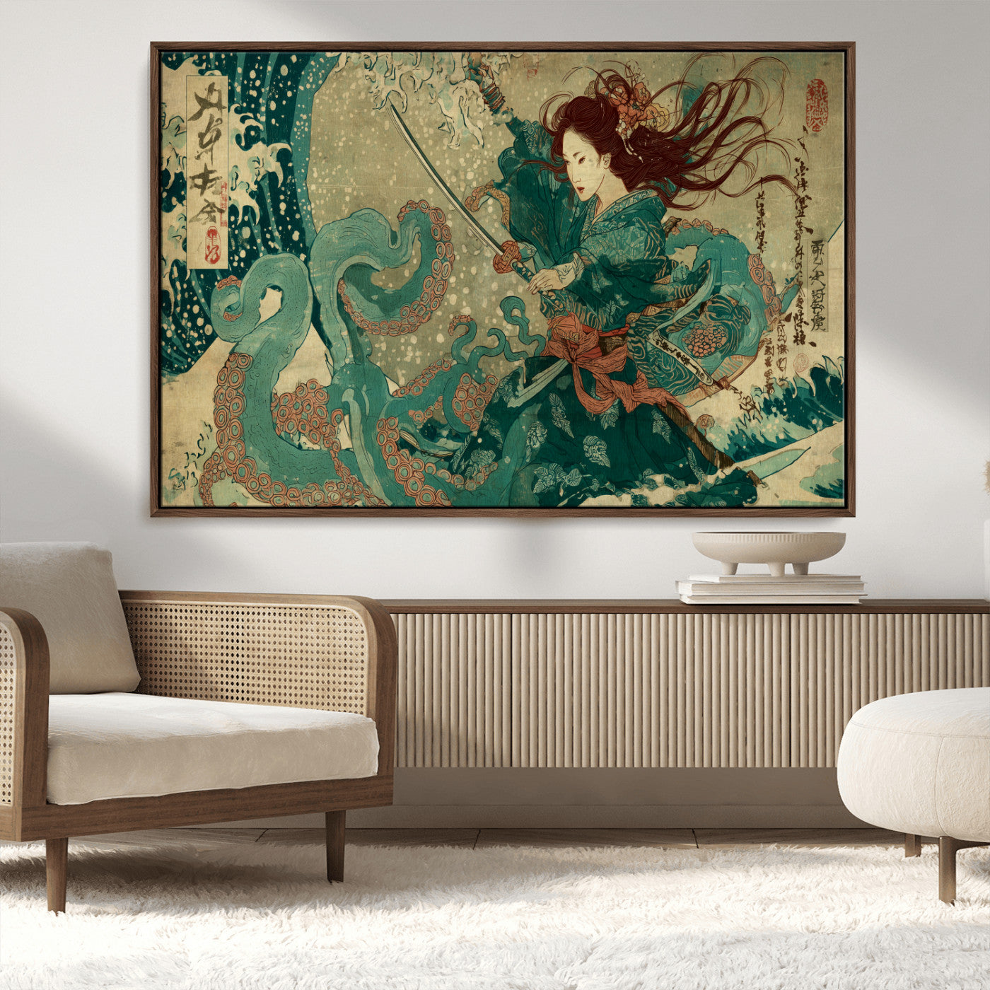86918027-MGV-CV-36X24-Samurai Warrior vs Octopus Wall Art – Japanese Ukiyo-e Ocean Battle Canvas Print, Traditional Samurai Artwork for Living Room,