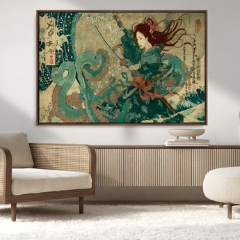 86918027-MGV-CV-36X24-Samurai Warrior vs Octopus Wall Art – Japanese Ukiyo-e Ocean Battle Canvas Print, Traditional Samurai Artwork for Living Room,