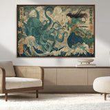 60346622-MGV-CV-36X24-Samurai Warrior vs Octopus Wall Art – Japanese Ukiyo-e Style Ocean Battle Canvas Print, Traditional Samurai Artwork for Living