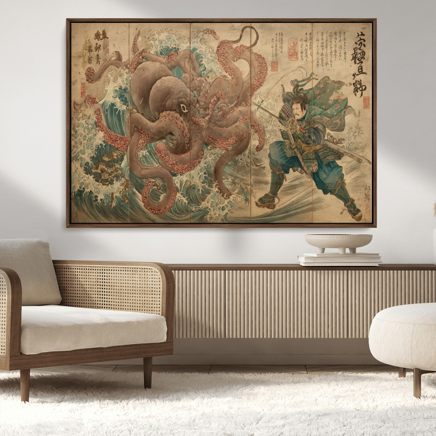 63782167-MGV-CV-36X24-Tsukioka Yoshitoshi Samurai Wall Art Print, Japanese Katana Warrior Canvas Wall Art, Octopus Sea Monster Canvas Print,