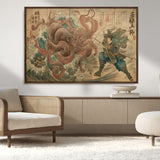 63782167-MGV-CV-36X24-Tsukioka Yoshitoshi Samurai Wall Art Print, Japanese Katana Warrior Canvas Wall Art, Octopus Sea Monster Canvas Print,