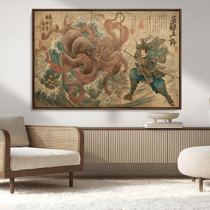 63782167-MGV-CV-36X24-Tsukioka Yoshitoshi Samurai Wall Art Print, Japanese Katana Warrior Canvas Wall Art, Octopus Sea Monster Canvas Print,
