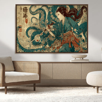 18575670-MGV-CV-36X24-Tsukioka Yoshitoshi Samurai Wall Art Print, Japanese Katana Warrior Canvas Wall Art, Octopus Sea Monster Canvas Print,
