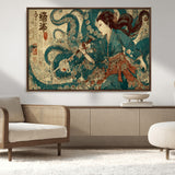 18575670-MGV-CV-36X24-Samurai Woman vs Octopus Wall Art – Japanese Ukiyo-e Ocean Battle Canvas Print, Traditional Warrior Artwork for Living Room,