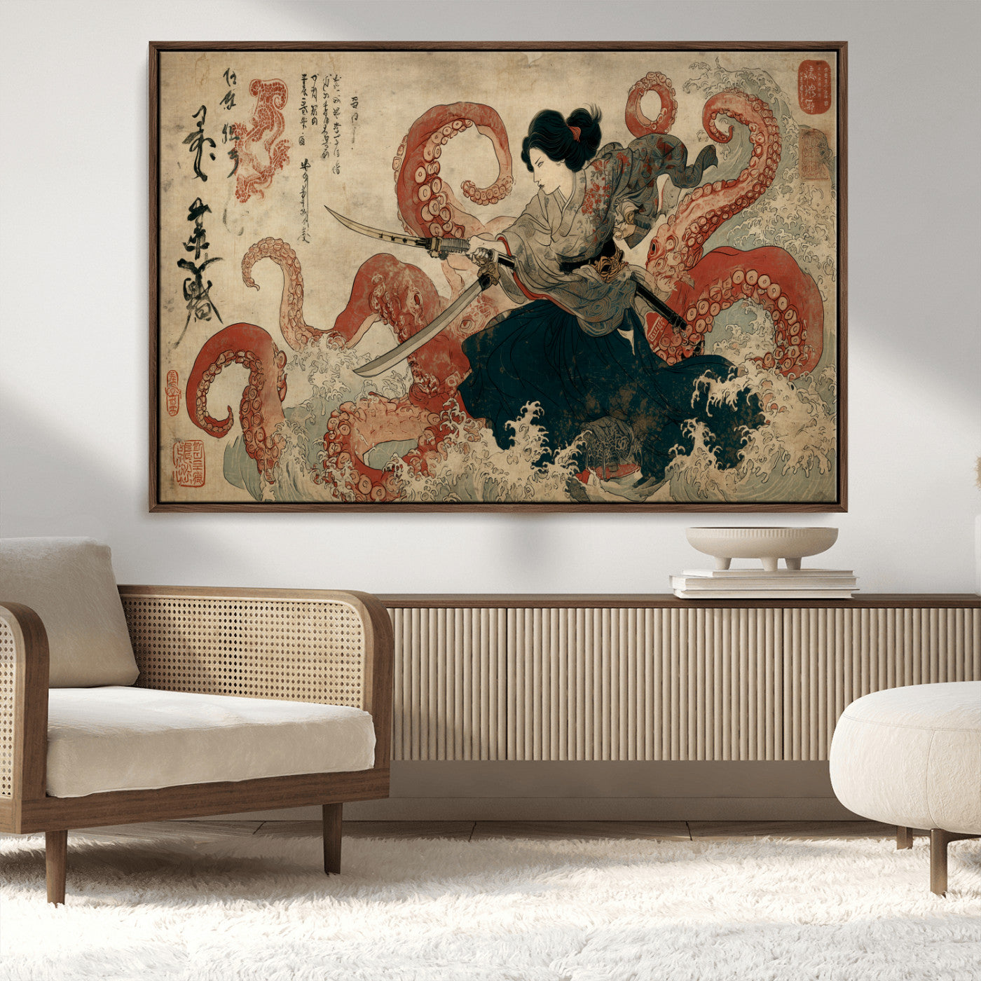 50812504-MGV-CV-36X24-Samurai Woman vs Octopus Wall Art – Japanese Ukiyo-e Red Tentacle Canvas Print, Ocean Battle Artwork for Living Room, Office, Man