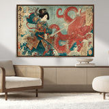 68844327-MGV-CV-36X24-Tsukioka Yoshitoshi Samurai Wall Art Print, Japanese Katana Warrior Canvas Wall Art, Octopus Sea Monster Canvas Print,