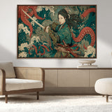 35461724-MGV-CV-36X24-Samurai Woman vs Octopus Wall Art – Japanese Ukiyo-e Ocean Waves Canvas Print, Red Tentacle Battle Artwork for Living Room,
