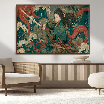35461724-MGV-CV-36X24-Samurai Woman vs Octopus Wall Art – Japanese Ukiyo-e Ocean Waves Canvas Print, Red Tentacle Battle Artwork for Living Room,