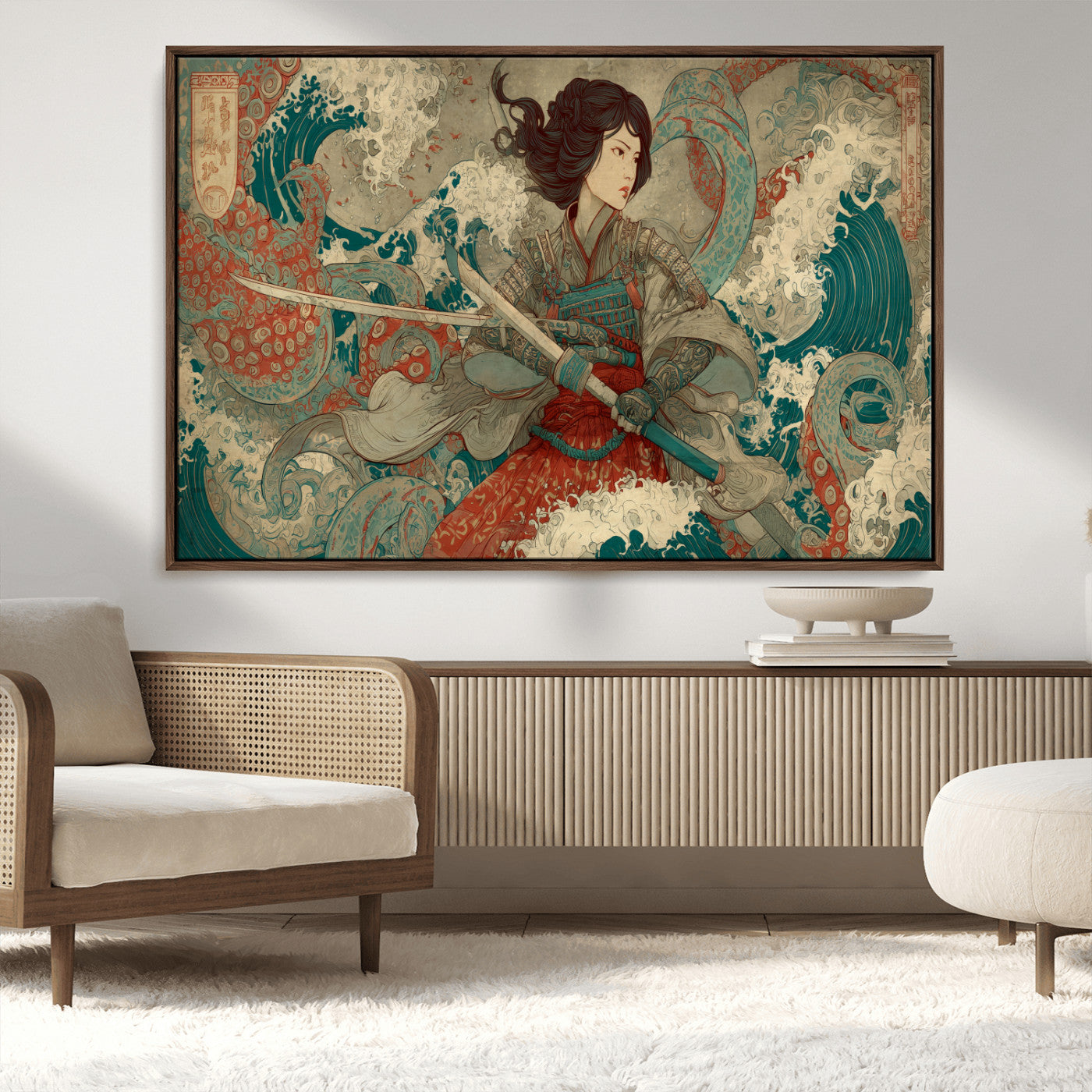63377977-MGV-CV-36X24-Tsukioka Yoshitoshi Samurai Wall Art Print, Japanese Katana Warrior Canvas Wall Art, Octopus Sea Monster Canvas Print,