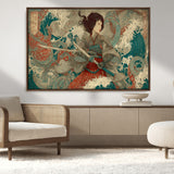 63377977-MGV-CV-36X24-Tsukioka Yoshitoshi Samurai Wall Art Print, Japanese Katana Warrior Canvas Wall Art, Octopus Sea Monster Canvas Print,