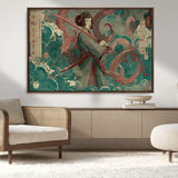 91666601-MGV-CV-36X24-Samurai Woman vs Octopus Wall Art – Japanese Ukiyo-e Green Robe Canvas Print, Ocean Battle Artwork for Living Room, Office, Man