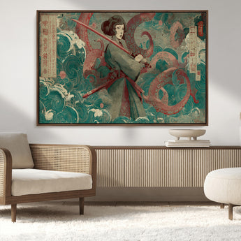 91666601-MGV-CV-36X24-Samurai Woman vs Octopus Wall Art – Japanese Ukiyo-e Green Robe Canvas Print, Ocean Battle Artwork for Living Room, Office, Man