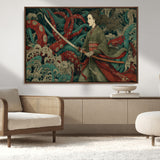18902796-MGV-CV-36X24-Samurai Woman vs Octopus Wall Art – Japanese Ukiyo-e Green Kimono Canvas Print, Ocean Battle Scene Artwork for Living Room,