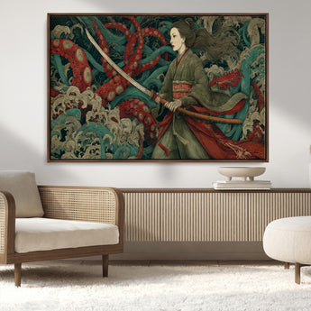 18902796-MGV-CV-36X24-Samurai Woman vs Octopus Wall Art – Japanese Ukiyo-e Green Kimono Canvas Print, Ocean Battle Scene Artwork for Living Room,
