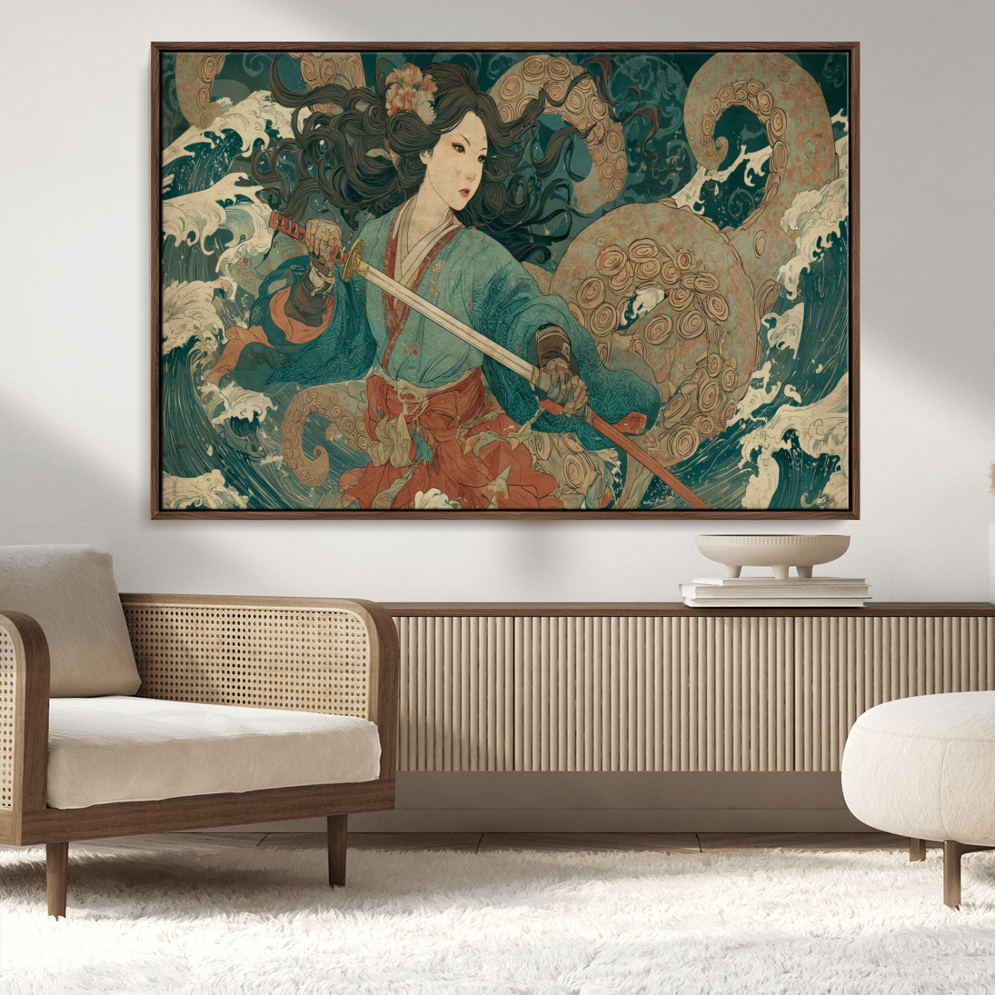 79740258-MGV-CV-36X24-Tsukioka Yoshitoshi Samurai Wall Art Print, Japanese Katana Warrior Canvas Wall Art, Octopus Sea Monster Canvas Print,