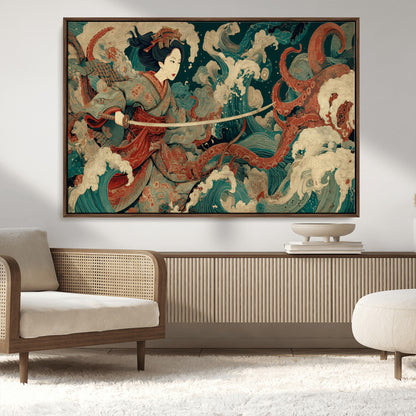 30212982-MGV-CV-36X24-Samurai Woman vs Octopus Wall Art – Japanese Ukiyo-e Style Warrior and Sea Monster Canvas Print, Mythology Inspired Artwork for