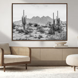97436PHN-MGV-CV-36X24-Desert Landscape Wall Art – Black and White Cactus and Mountain Canvas Print, Southwestern Nature Photography for Living Room,