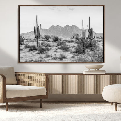 97436PHN-MGV-CV-36X24-Desert Landscape Wall Art – Black and White Cactus and Mountain Canvas Print, Southwestern Nature Photography for Living Room,
