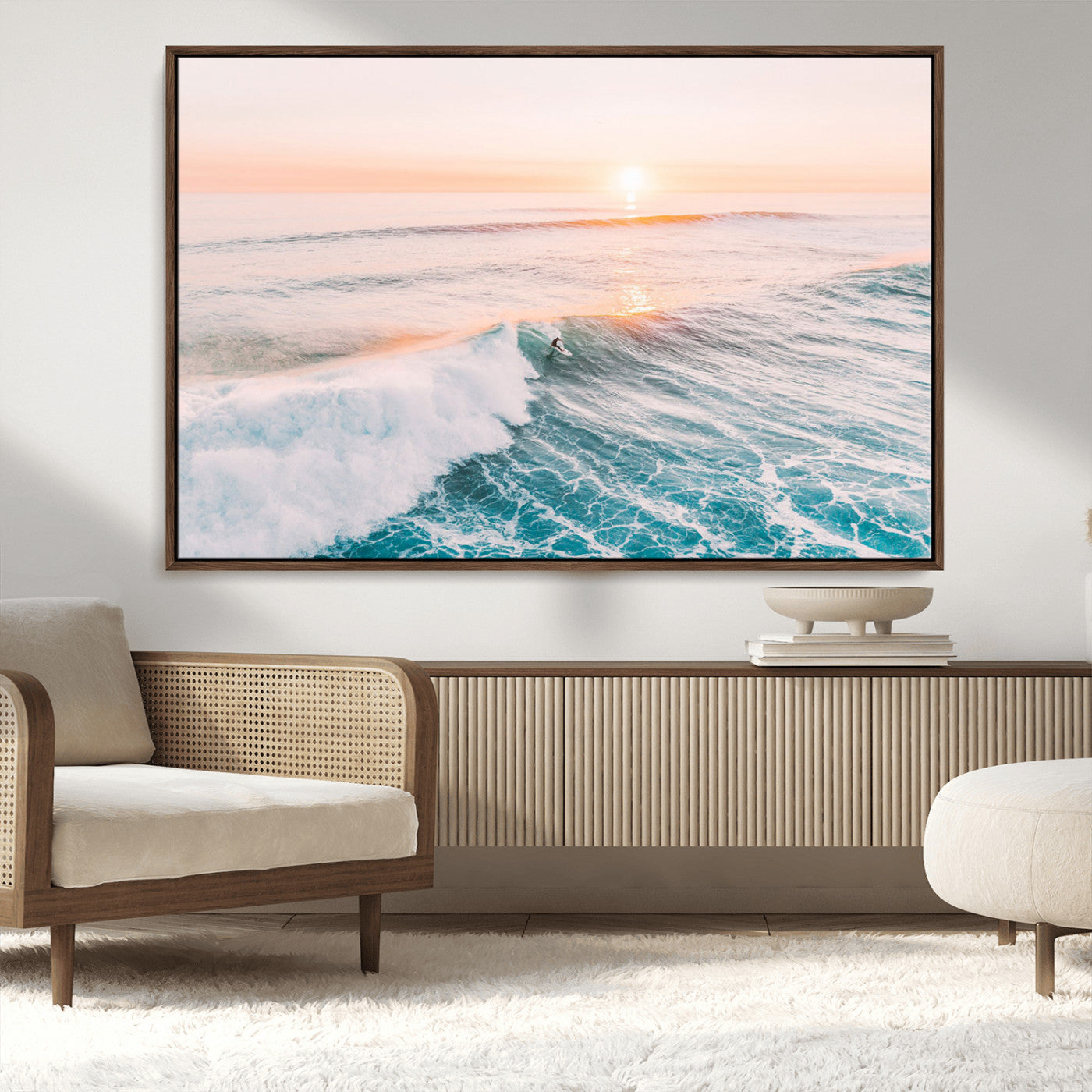 34064591-MGV-CV-36X24-Surfing Wall Art – Sunset Ocean Wave Canvas Print, Surfer Riding Sea Photography Decor for Bedroom, Living Room, Office, Coastal