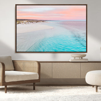 41613614-MGV-CV-36X24-Beach Sunset Wall Art – Pastel Ocean Canvas Print, Turquoise Water and Pink Sky Photography Decor for Bedroom, Living Room, Office