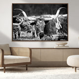 15425553-MGV-FC-36X24_Walnut-Western Wall Art – Longhorn Cattle Black and White Canvas Print, Rustic Ranch Photography Decor for Bedroom, Living Room, Office,