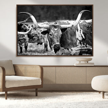 15425553-MGV-FC-36X24_Walnut-Western Wall Art – Longhorn Cattle Black and White Canvas Print, Rustic Ranch Photography Decor for Bedroom, Living Room, Office,
