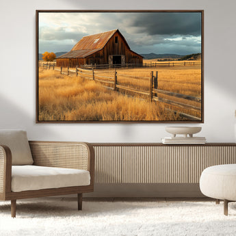 16480179-MGV-CV-36X24-Farmhouse Wall Art – Rustic Barn and Golden Field Canvas Print, Country Landscape Photography Decor for Bedroom, Living Room,