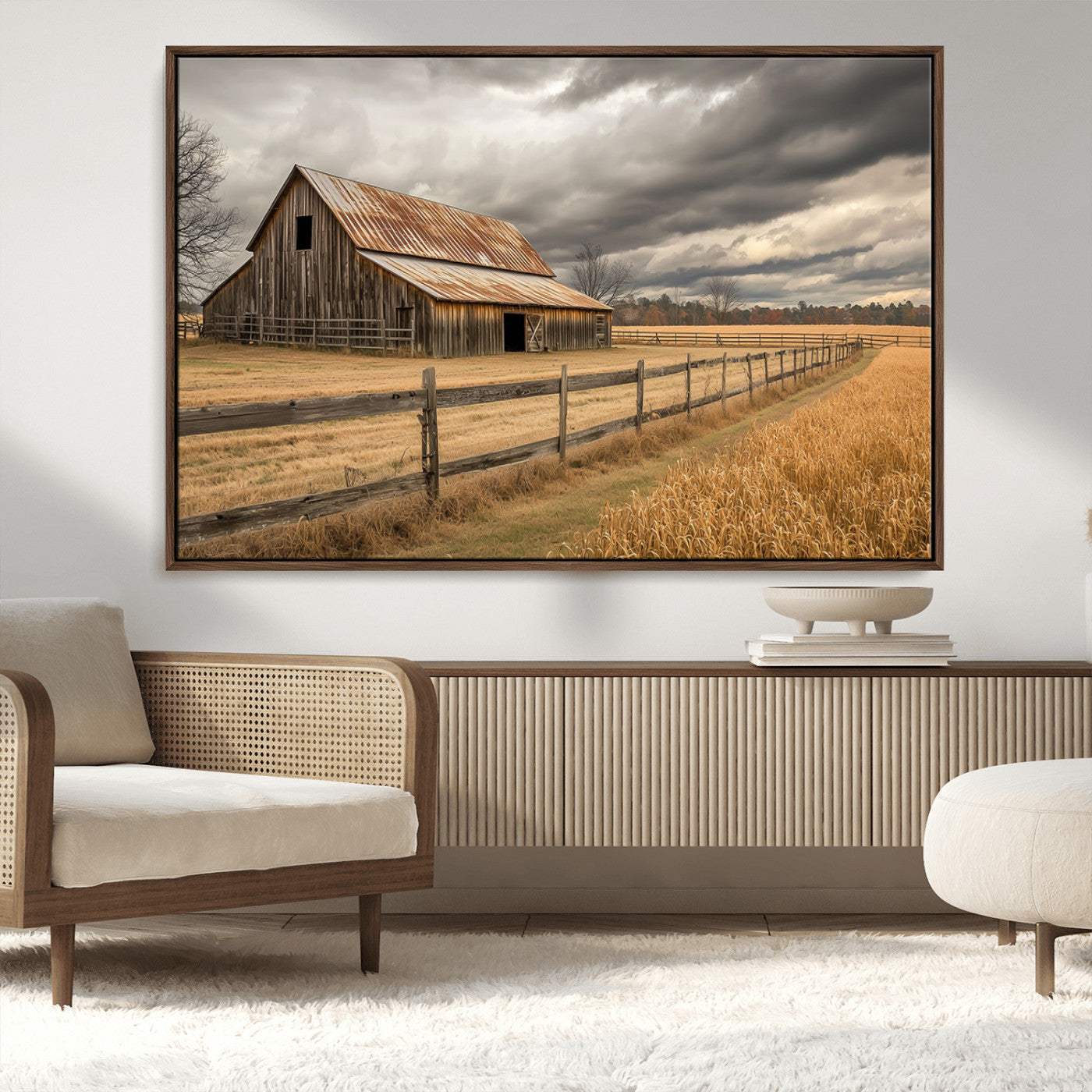 21991117-MGV-CV-36X24-Rustic Barn Wall Art – Weathered Farmhouse Canvas Print, Stormy Sky and Golden Field Photography Decor for Bedroom, Living Room,