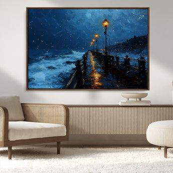 48300530-MGV-CV-36X24-Dark Stormy Pier Canvas Wall Art – Moody Ocean Night Scene with Street Lamps, Blue Coastal Seascape Print for Bedroom, Office, or