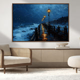 48300530-MGV-CV-36X24-Night Pier Wall Art – Moody Ocean Boardwalk Canvas Print, Impressionist Coastal Seascape Painting Decor for Living Room, Office,