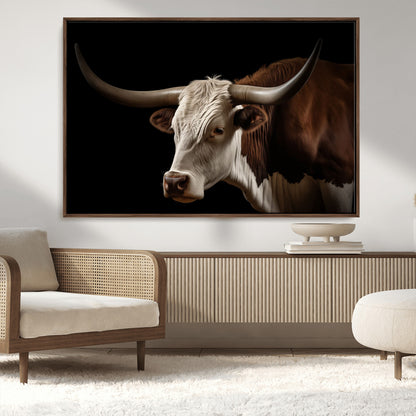 27414857-MGV-CV-36X24-Texas Longhorn Bull Canvas Wall Art – Rustic Western Farmhouse Decor, Brown & White Cow Portrait, Animal Print for Ranch Home