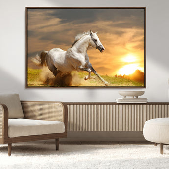 67478480-MGV-CV-36X24-White Horse Running at Sunset Wall Art – Majestic Equestrian Photography Print, Rustic Farmhouse Decor, Golden Sky Horse Lover