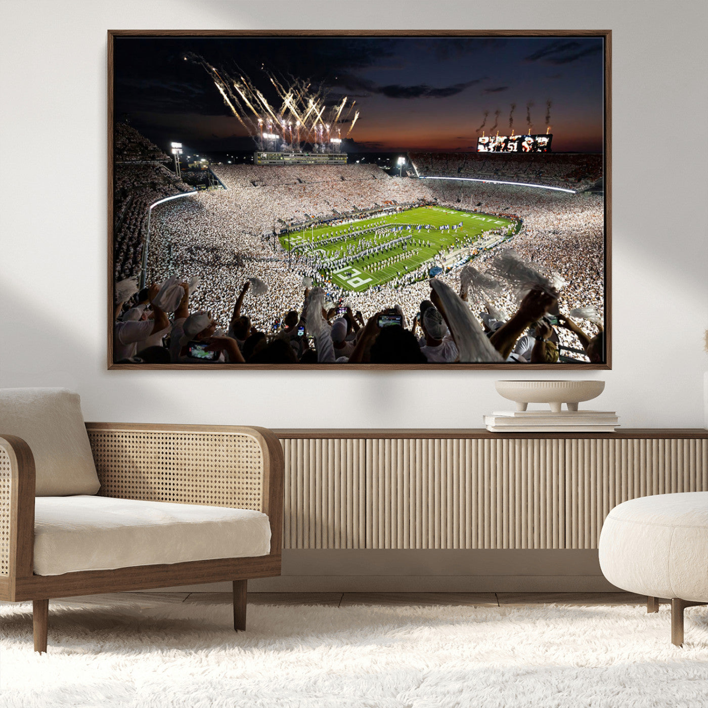 11221988-MGV-CV-36X24-Football Stadium Wall Art – Game Day Crowd with Fireworks, Sports Fan Photography Print, Stadium Decor for Man Cave, Bar, or