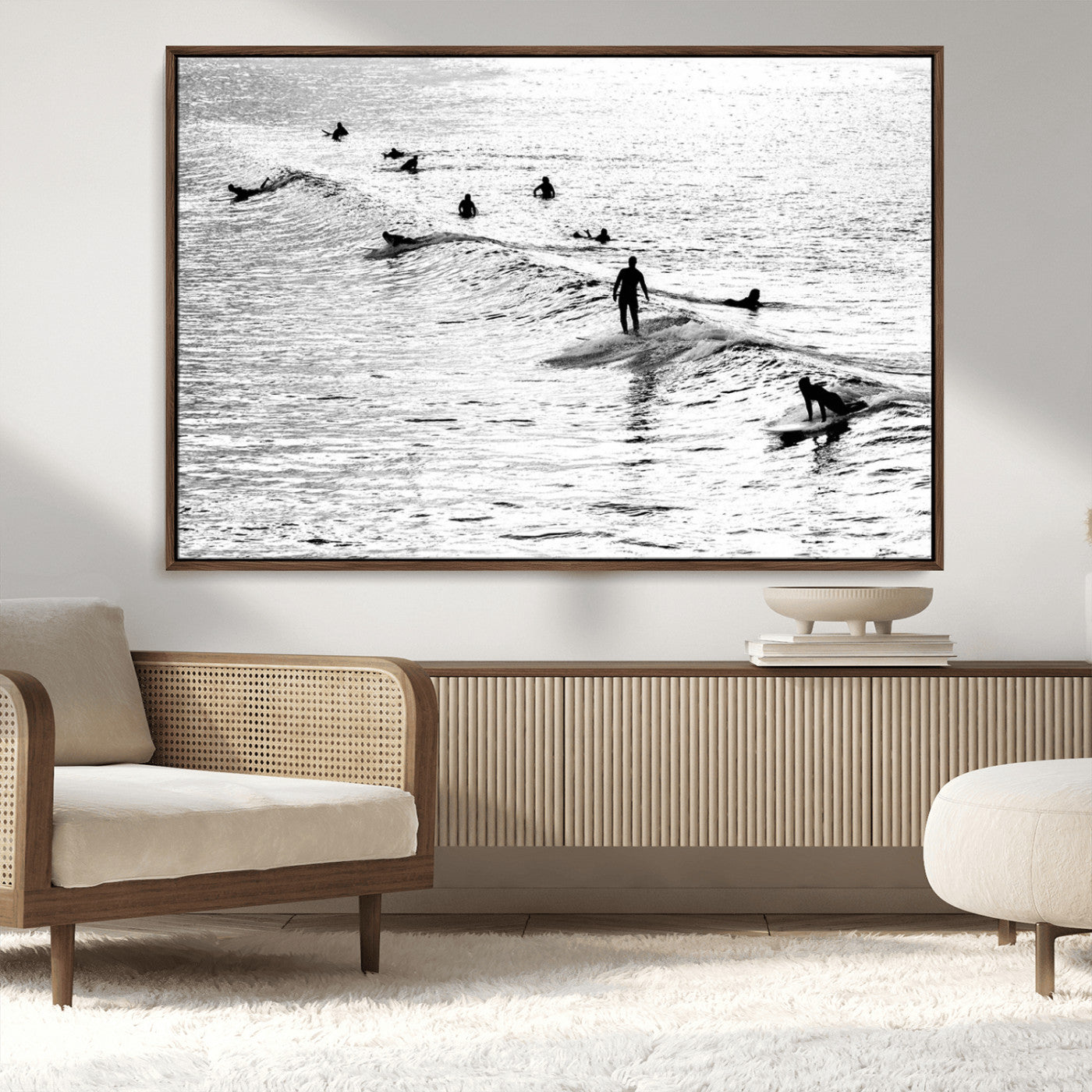 68018616-MGV-CV-36X24-Black and White Surf Photography Print – Minimalist Ocean Wall Art, Surfers Riding Waves, Coastal Beach Decor for Modern Home or