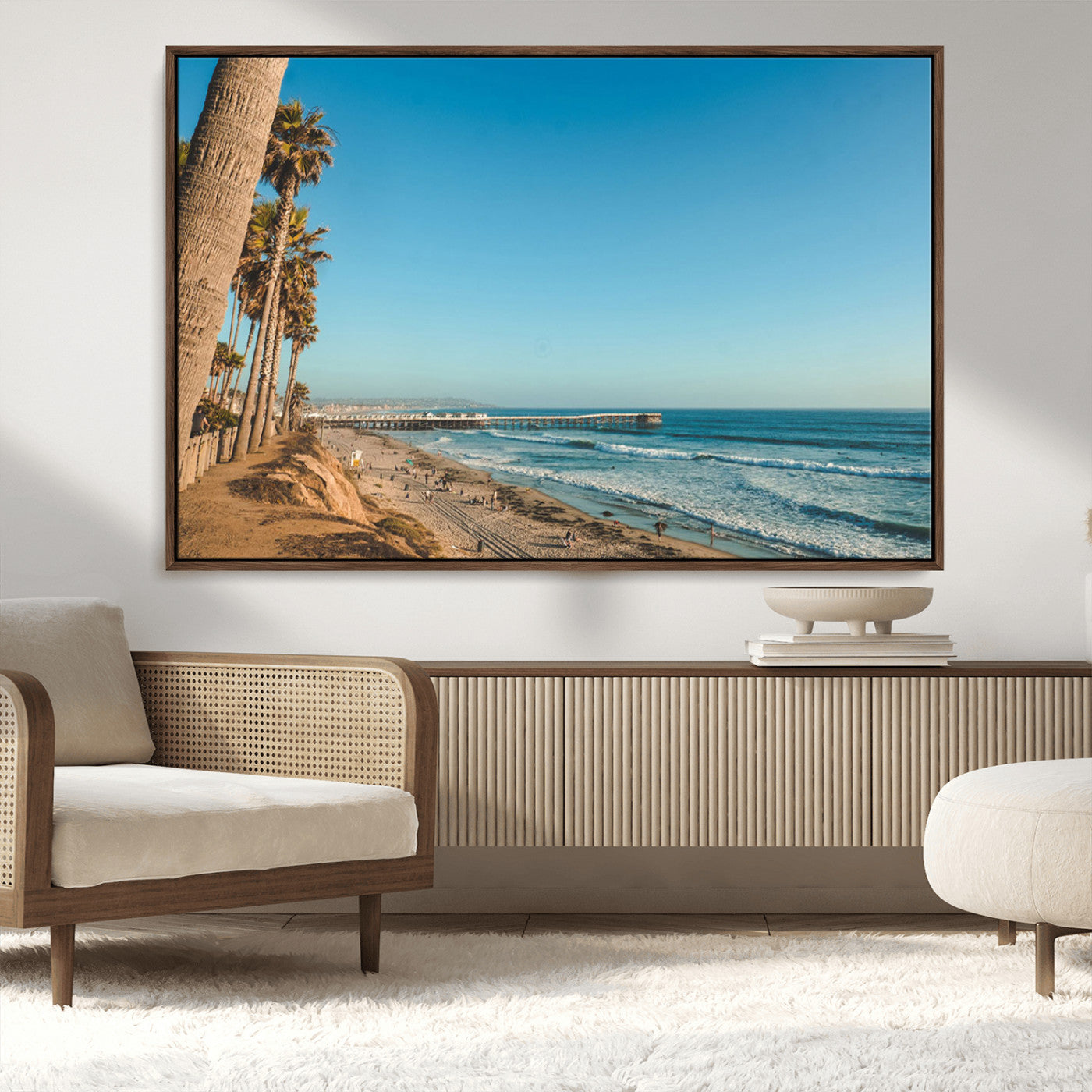 92568259-MGV-CV-36X24-California Beach Wall Art – Palm Tree Pier Canvas Print, Coastal Ocean Photography Seaside Decor for Living Room, Bedroom, Office,