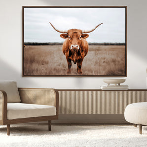 16316734-MGV-CV-36X24-Texas Longhorn Wall Art – Rustic Bull Portrait Canvas Print, Western Farmhouse Animal Photography Decor for Living Room, Office,
