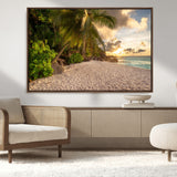 89531159-MGV-CV-36X24-Tropical Beach Sunset Canvas Wall Art – Palm Trees Golden Sand Ocean Waves Coastal Paradise Print for Beach House Bedroom Bathroom
