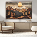 90044381-MGV-CV-36X24-Rustic Wall Art – Wooden Mountain Landscape with Sun and Pine Trees, Handcrafted Nature Canvas Style Decor for Bedroom, Living