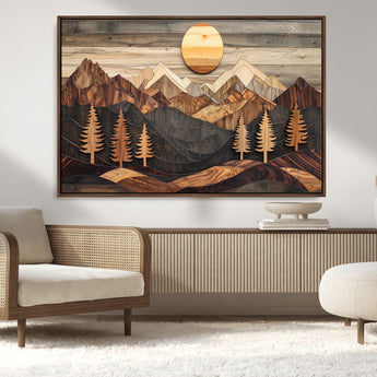 90044381-MGV-CV-36X24-Rustic Wall Art – Wooden Mountain Landscape with Sun and Pine Trees, Handcrafted Nature Canvas Style Decor for Bedroom, Living