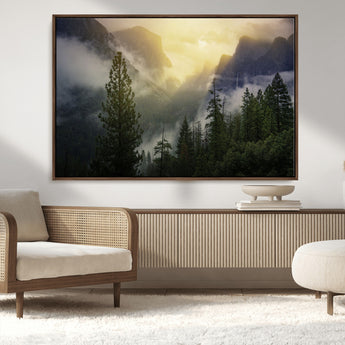 38316884-MGV-CV-36X24-Landscape Wall Art – Misty Mountain Valley Canvas Print, Scenic Pine Forest and Sunrise Photography Decor for Bedroom, Living