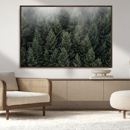 84059409-MGV-CV-36X24-Forest Wall Art – Misty Evergreen Trees Canvas Print, Tranquil Nature Photography Decor for Bedroom, Living Room, Office, Cabin or